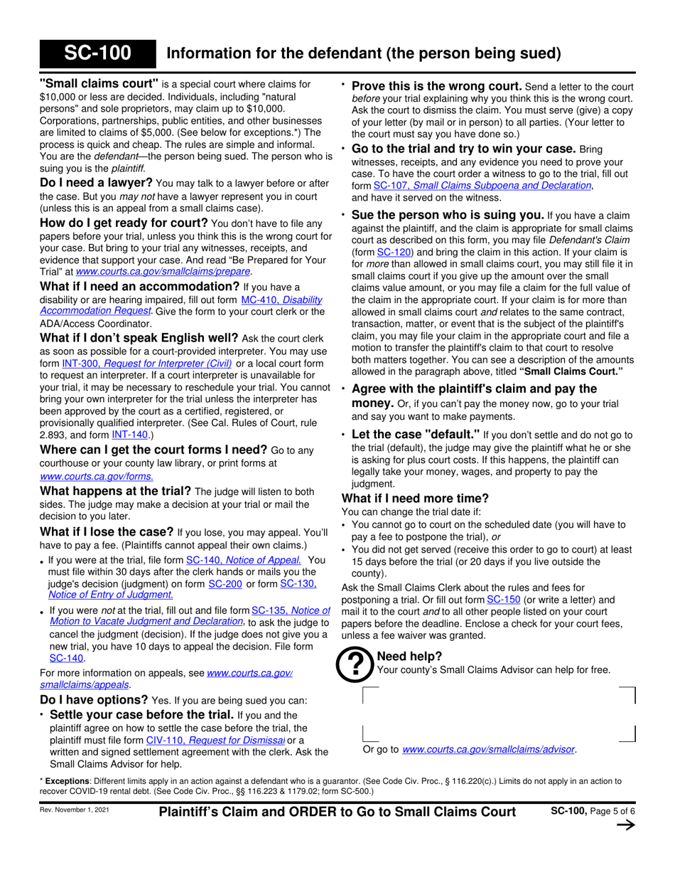 Form SC-100 Plaintiffs Claim and Order to Go to Small Claims Court - California (English / Spanish), Page 5
