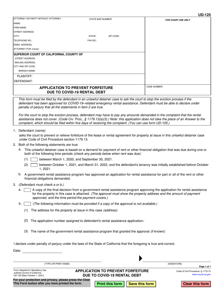 Form UD-125 Application to Prevent Forfeiture Due to Covid-19 Rental Debt - California, Page 1