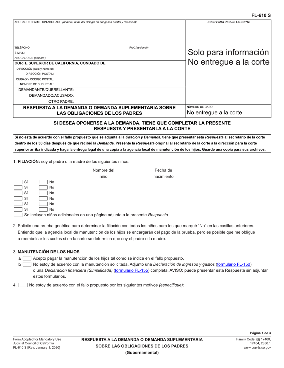 Formulario FL-610 Respuesta a La Demanda O Demanda Suplementaria Sobre Las Obligaciones De Los Padres - California (Spanish), Page 1