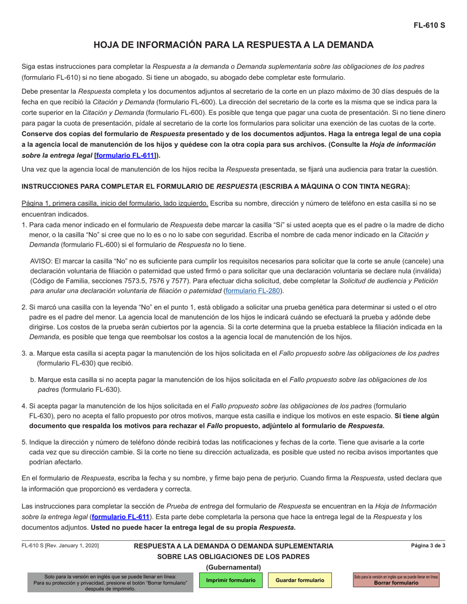 Formulario FL-610 Respuesta a La Demanda O Demanda Suplementaria Sobre Las Obligaciones De Los Padres - California (Spanish), Page 3