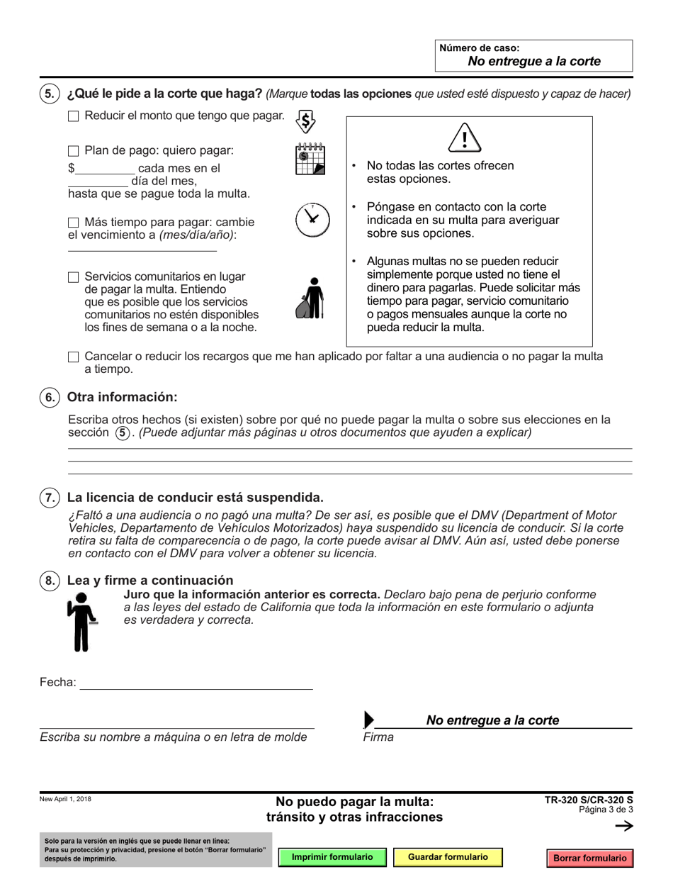 Formulario TR-320 (CR-320) No Puedo Pagar La Multa: Transito Y Otras Infracciones - California (Spanish), Page 3