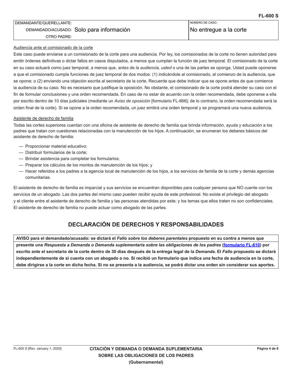 Formulario FL-600 Citacion Y Demanda O Demanda Suplementa Sobre Las Obligaciones De Los Padre (Gubernamental) - California (Spanish), Page 4