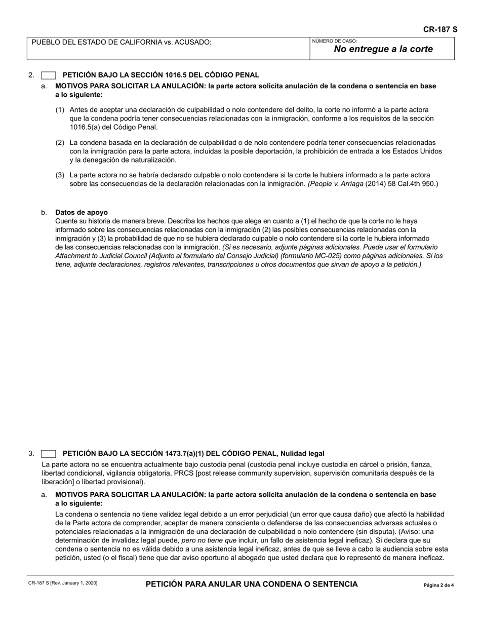 Formulario CR-187 Peticion Para Anular Una Condena O Sentencia - California (Spanish), Page 2