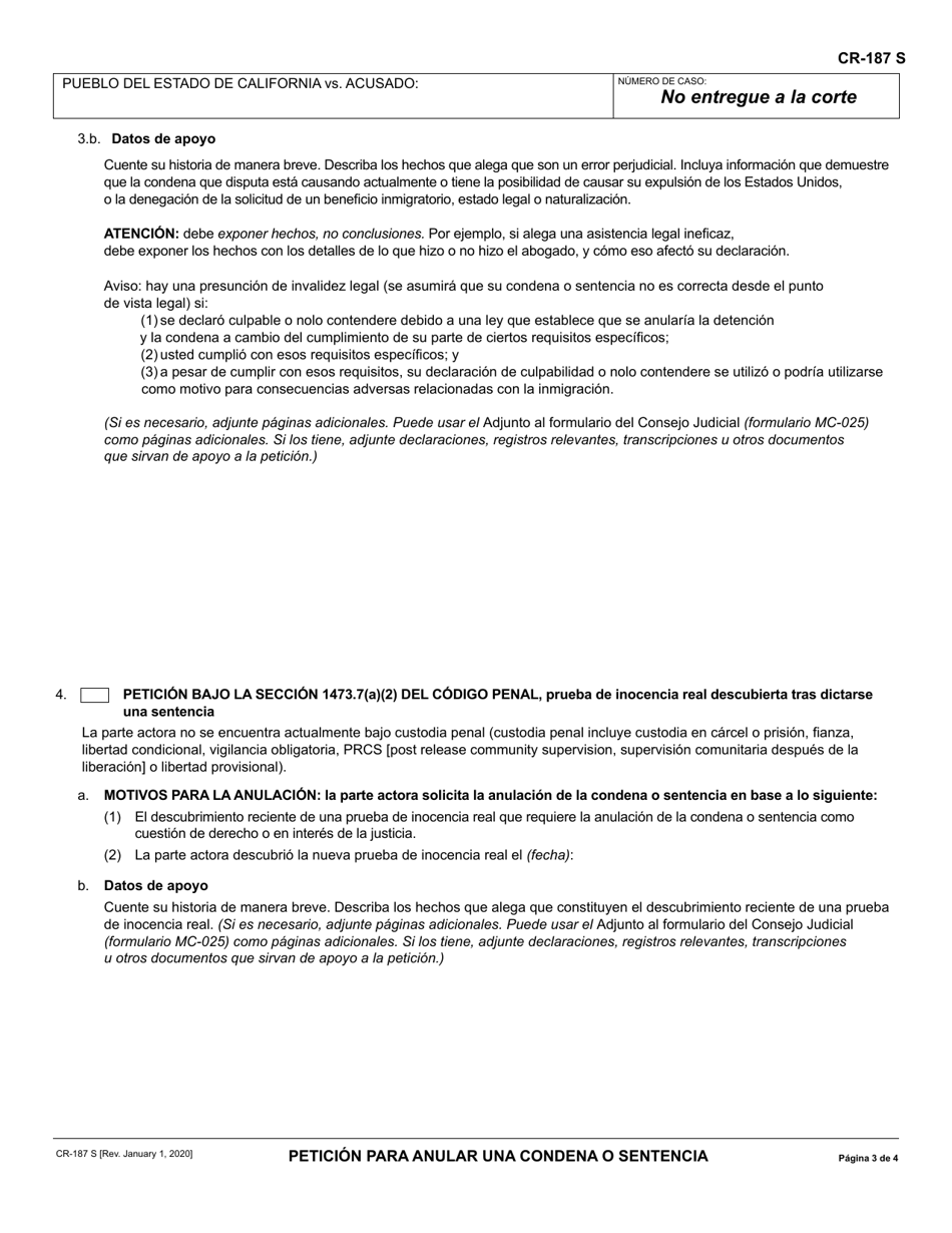 Formulario CR-187 Peticion Para Anular Una Condena O Sentencia - California (Spanish), Page 3