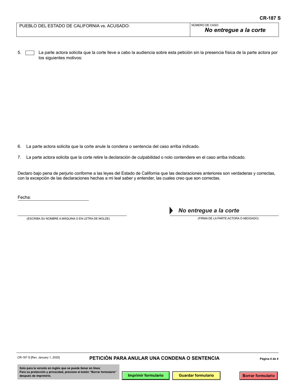 Formulario CR-187 Peticion Para Anular Una Condena O Sentencia - California (Spanish), Page 4