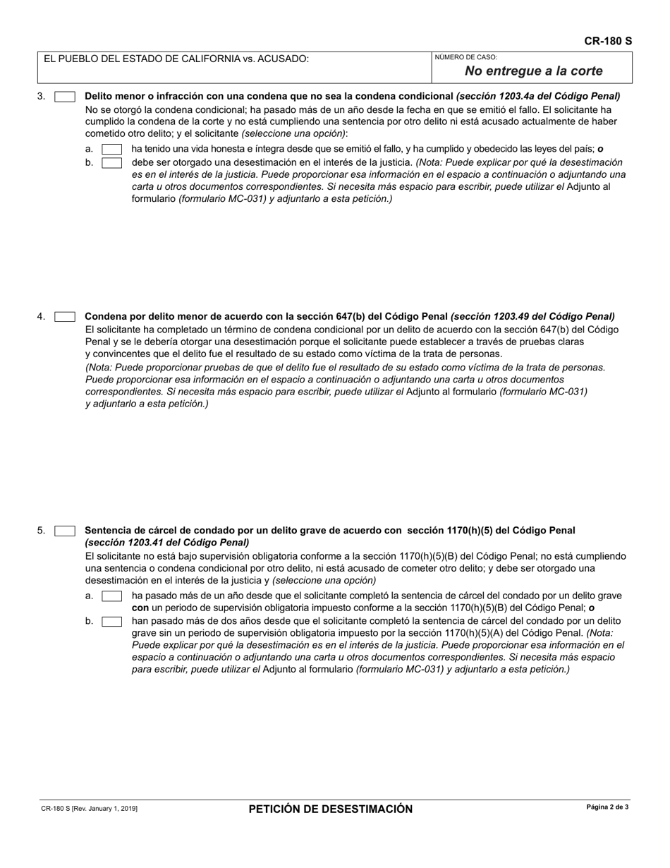 Formulario CR-180 Peticion De Desestimacion - California (Spanish), Page 2
