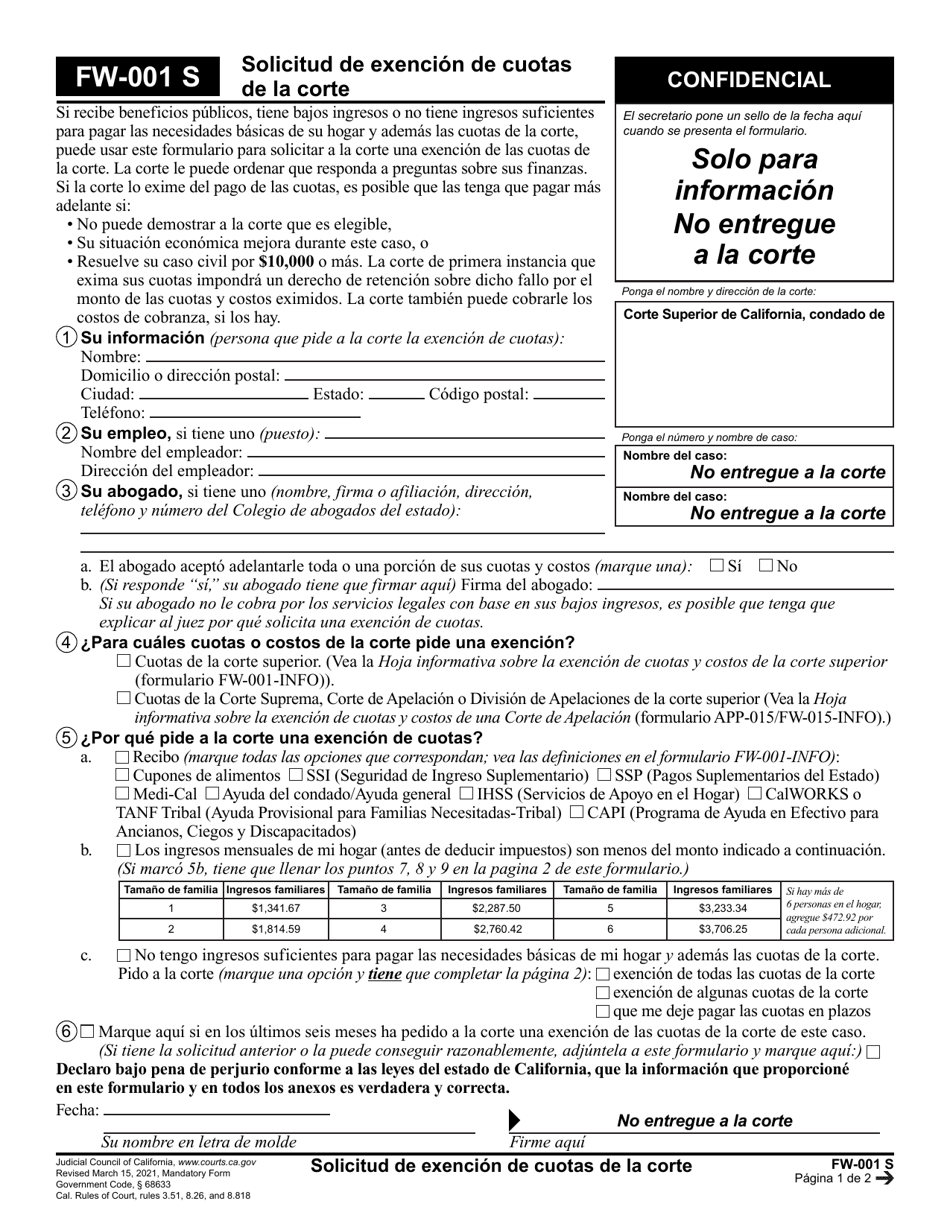 Formulario FW-001 Solicitud De Exencion De Cuotas De La Corte - California (Spanish), Page 1