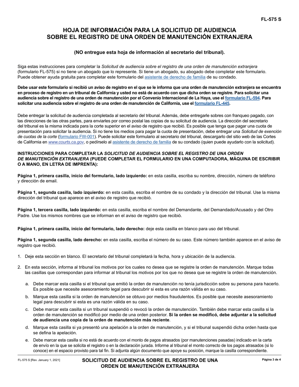 Formulario FL-575 Solicitud De Audiencia Sobre El Registrode Una Orden De Manutencion Extranjera - California (Spanish), Page 3
