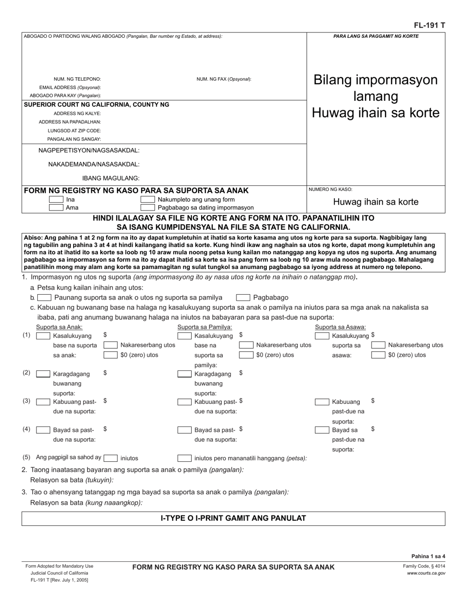 Form FL-191 Child Support Case Registry Form - California (Tagalog), Page 1