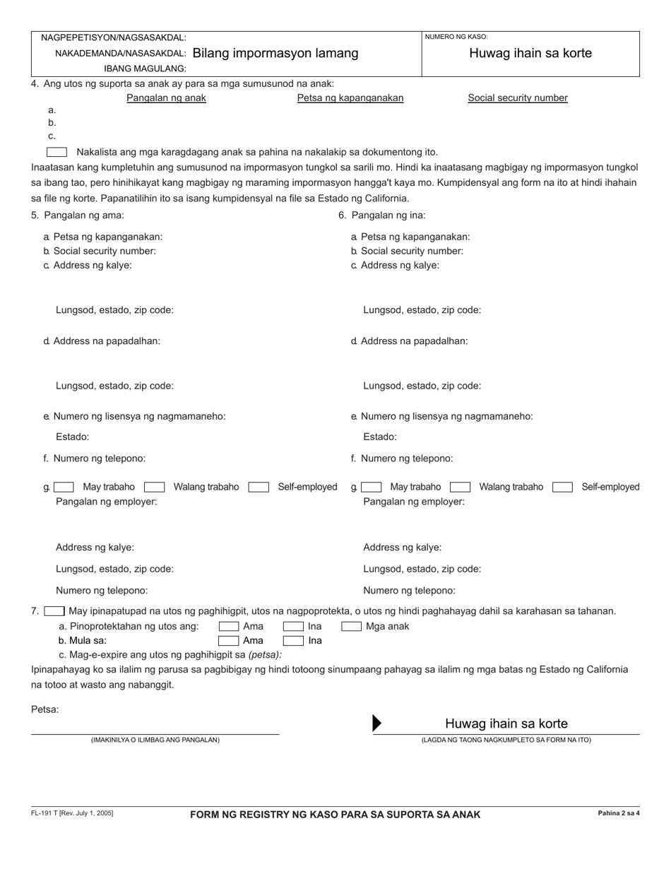 Form FL-191 Child Support Case Registry Form - California (Tagalog), Page 2