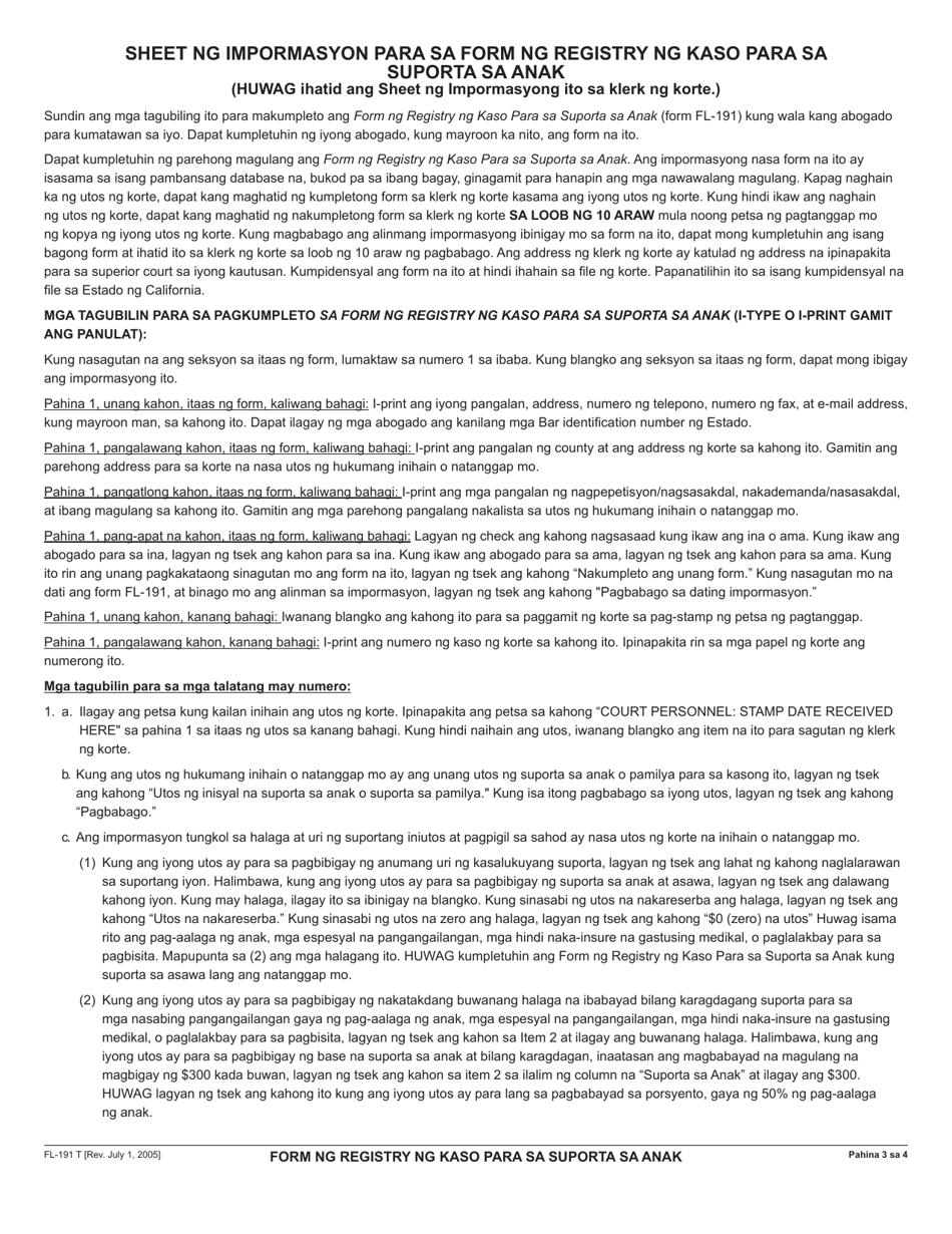 Form FL-191 Child Support Case Registry Form - California (Tagalog), Page 3