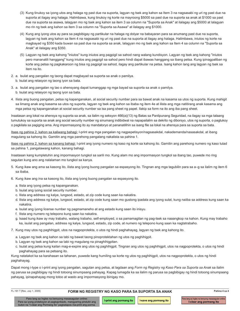 Form FL-191 Child Support Case Registry Form - California (Tagalog), Page 4
