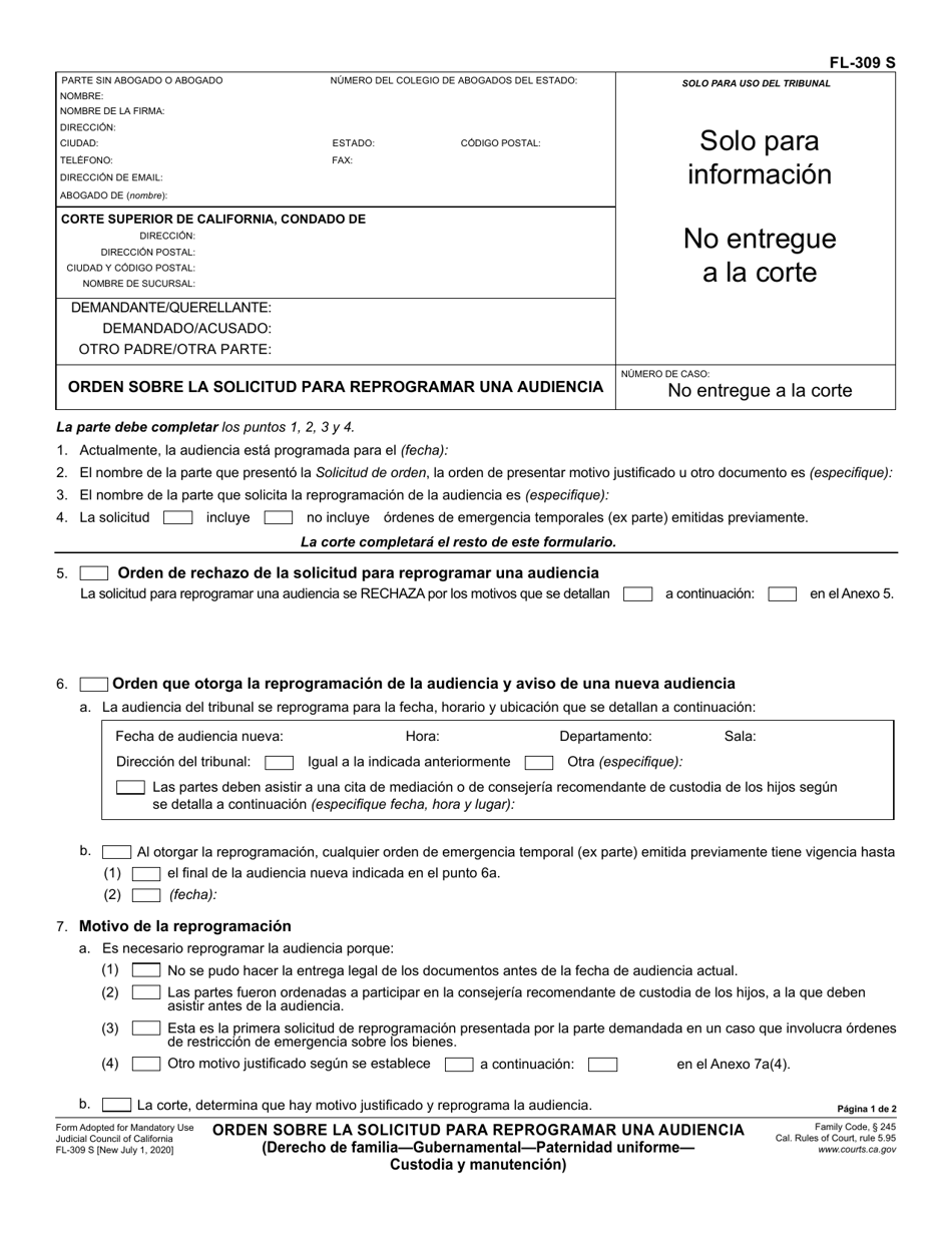 Formulario FL-309 Orden Sobre La Solicitud Para Reprogramar Una Audiencia - California (Spanish), Page 1