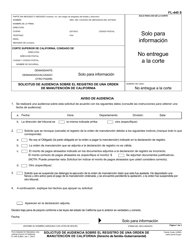 Document preview: Formulario FL-445 Solicitud De Audiencia Sobre El Registro De Una Orden De Manutencion De California - California (Spanish)