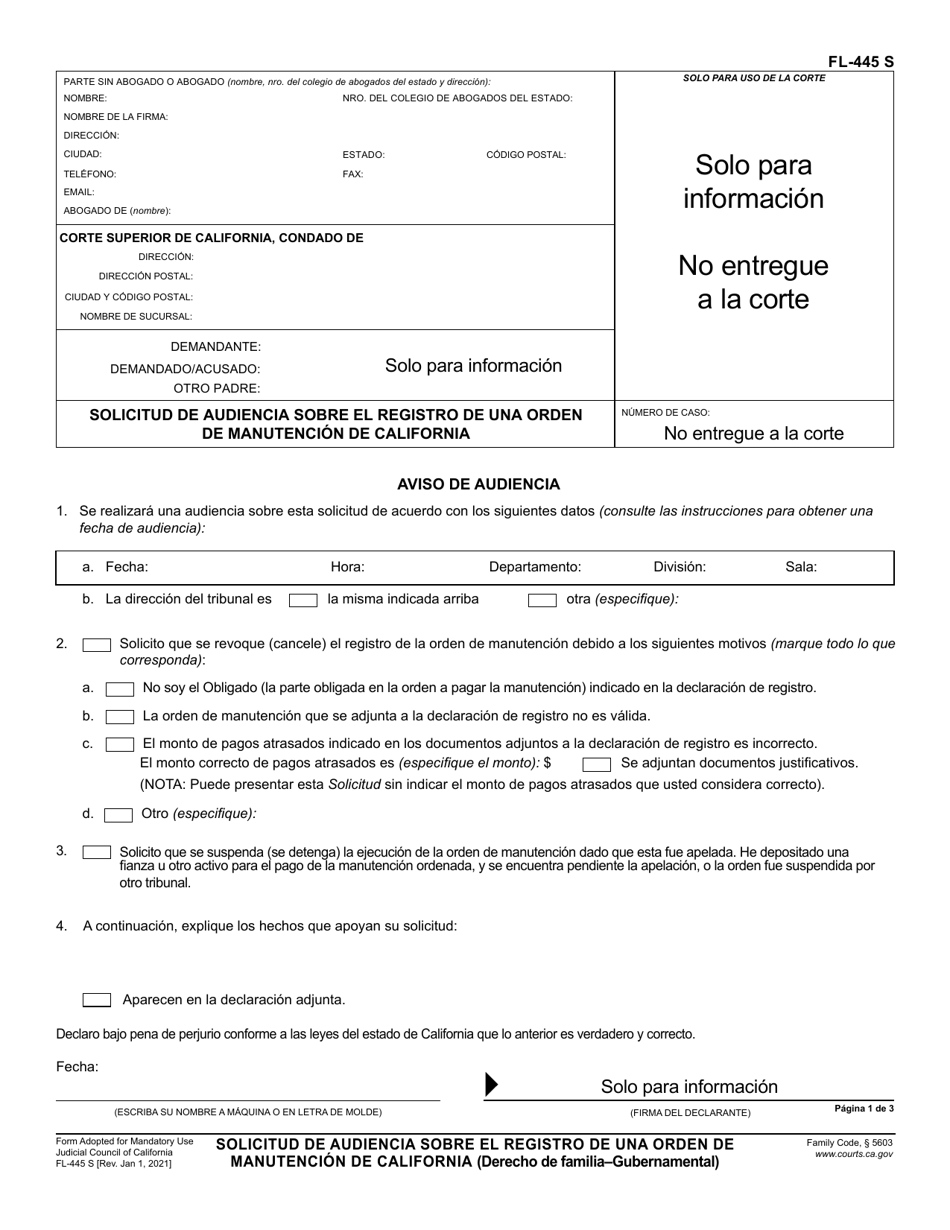 Formulario FL-445 Solicitud De Audiencia Sobre El Registro De Una Orden De Manutencion De California - California (Spanish), Page 1