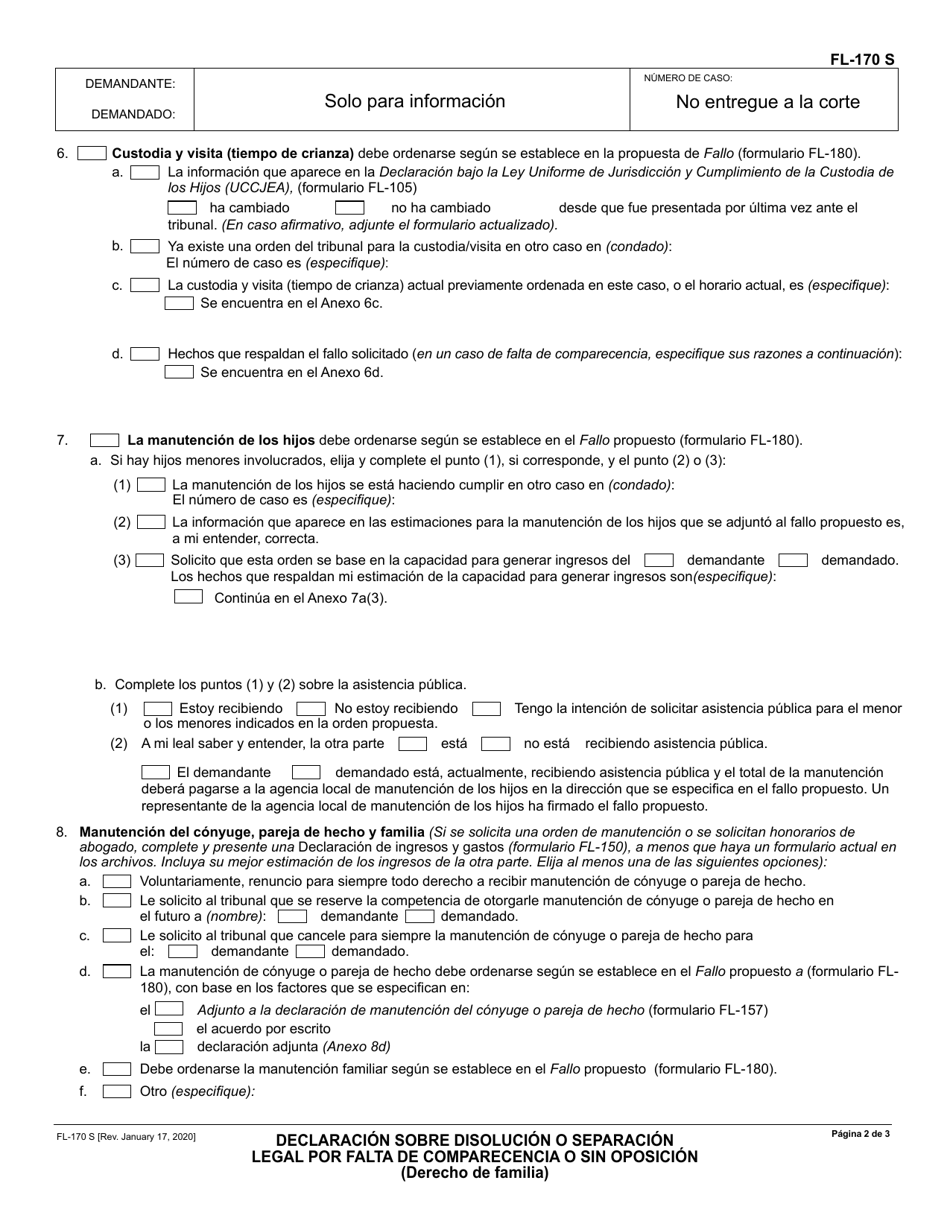 Formulario FL-170 Declaracion Sobre Disolucion O Separacion Legal Por Falta De Comparecencia O Sin Oposicion (Derecho De Familia) - California (Spanish), Page 2
