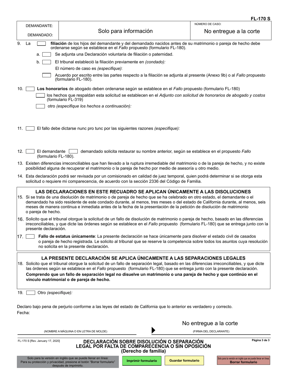 Formulario FL-170 Declaracion Sobre Disolucion O Separacion Legal Por Falta De Comparecencia O Sin Oposicion (Derecho De Familia) - California (Spanish), Page 3