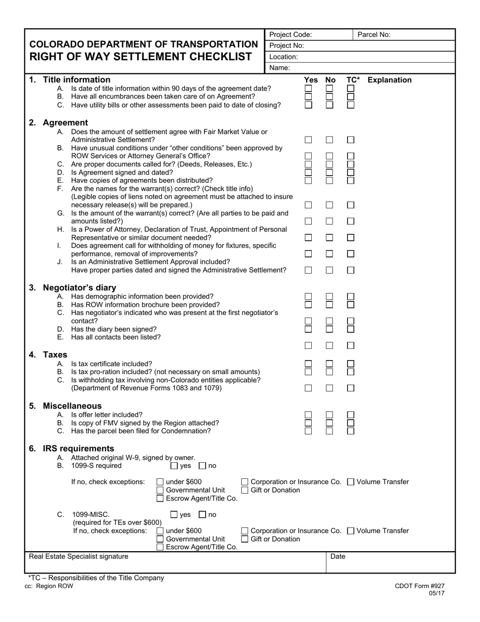 CDOT Form 927 Right of Way Settlement Checklist - Colorado, Page 1