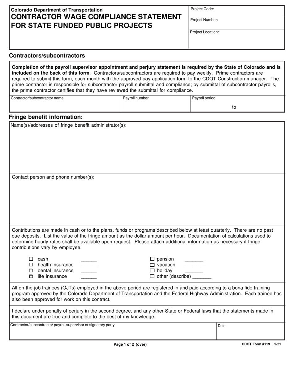 CDOT Form 119 Contractor Wage Compliance Statement for State Funded Public Projects - Colorado, Page 1