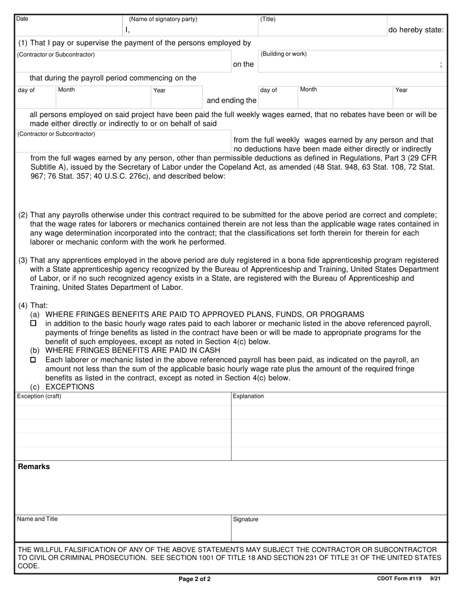 CDOT Form 119 Contractor Wage Compliance Statement for State Funded Public Projects - Colorado, Page 2