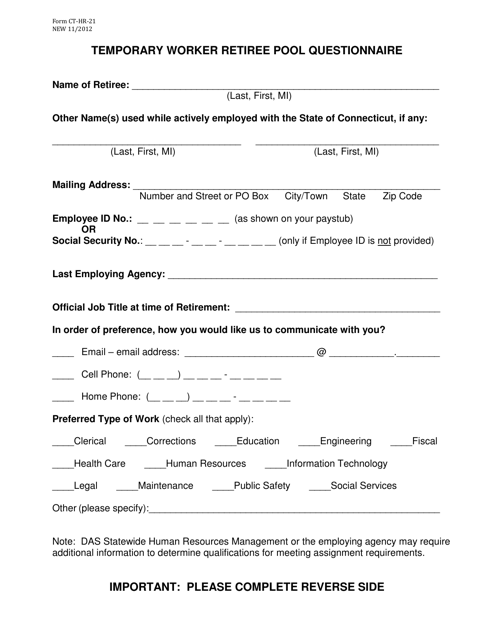 Form CT-HR-21 Temporary Worker Retiree Pool Questionnaire - Connecticut