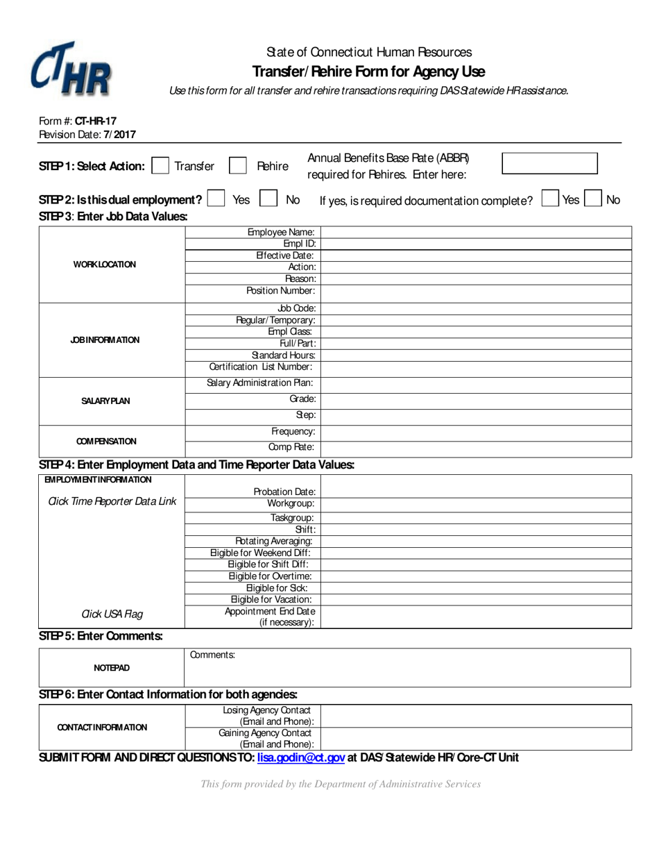 Form CT-HR-17 Transfer / Rehire Form for Agency Use - Connecticut, Page 1