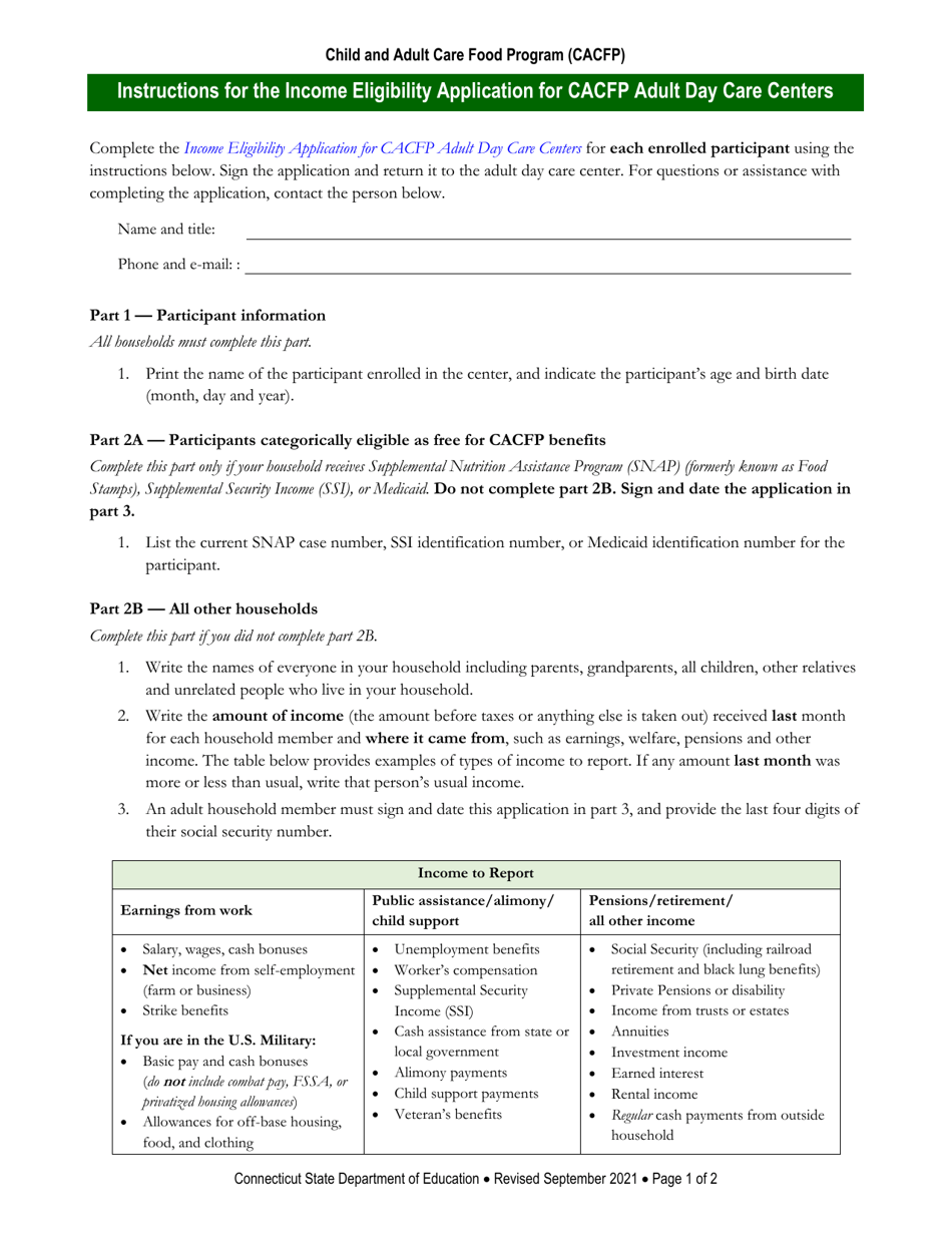 Instructions for Income Eligibility Application for CACFP Adult Day Care Centers - Connecticut, Page 1