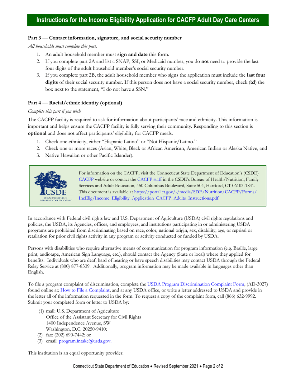 Instructions for Income Eligibility Application for CACFP Adult Day Care Centers - Connecticut, Page 2