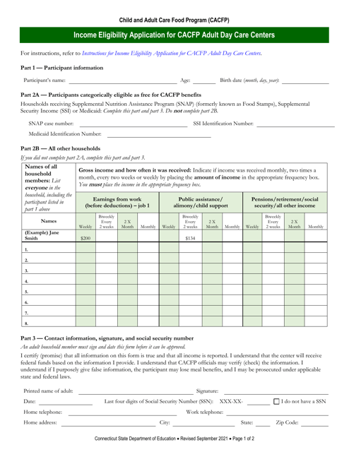 Income Eligibility Application for CACFP Adult Day Care Centers - Connecticut Download Pdf