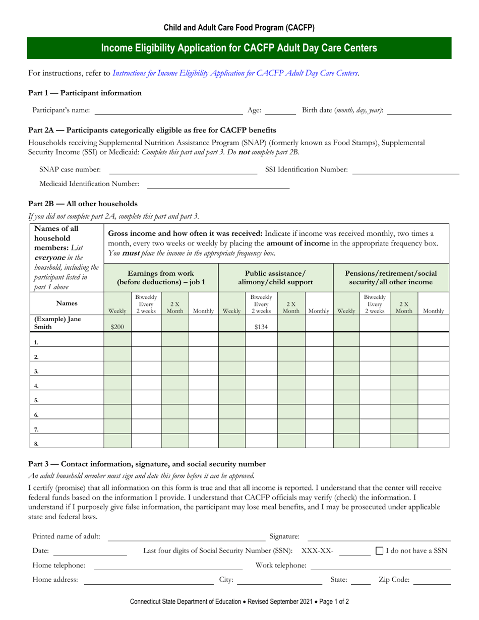 Income Eligibility Application for CACFP Adult Day Care Centers - Connecticut, Page 1