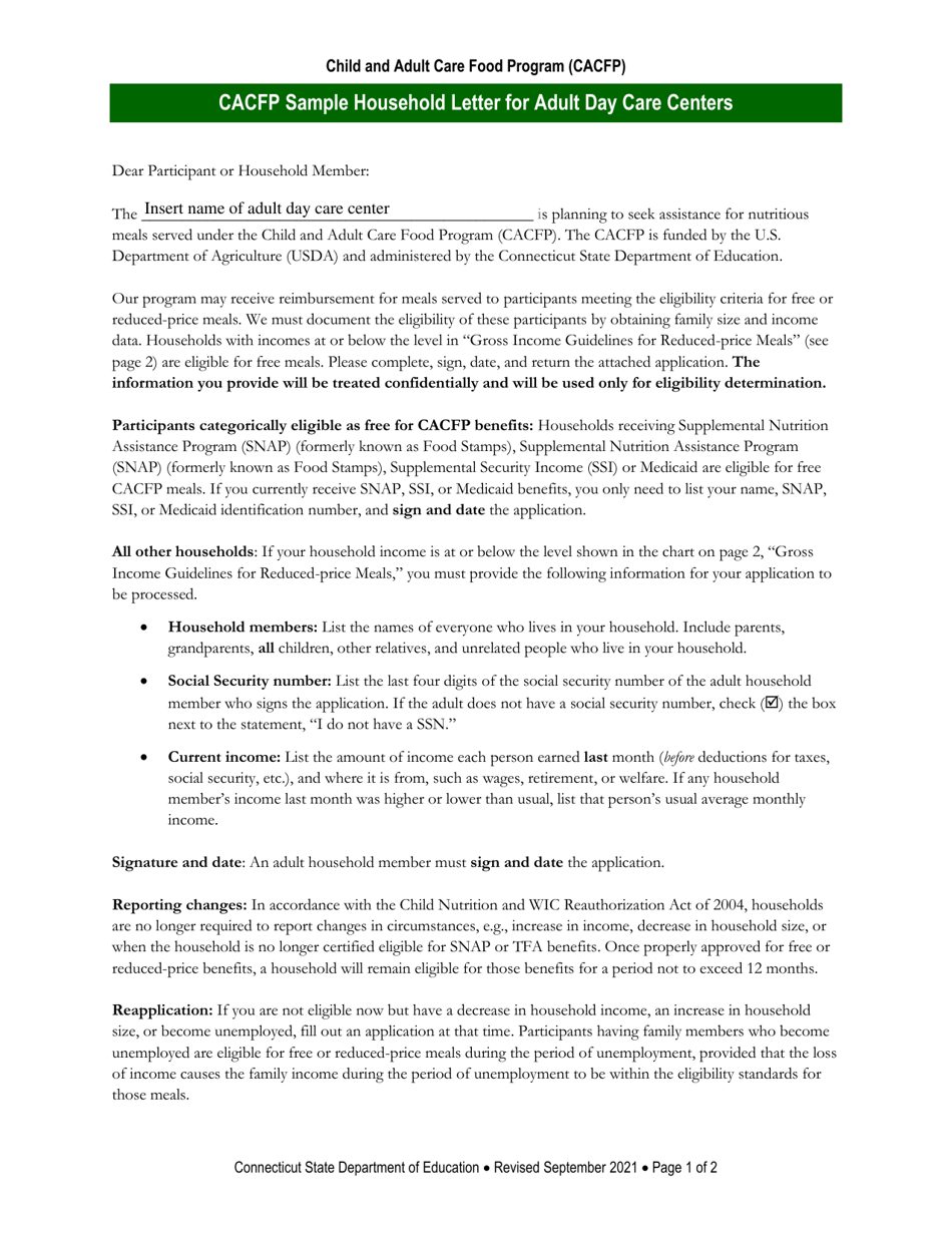 CACFP Sample Household Letter for Adult Day Care Centers - Connecticut, Page 1