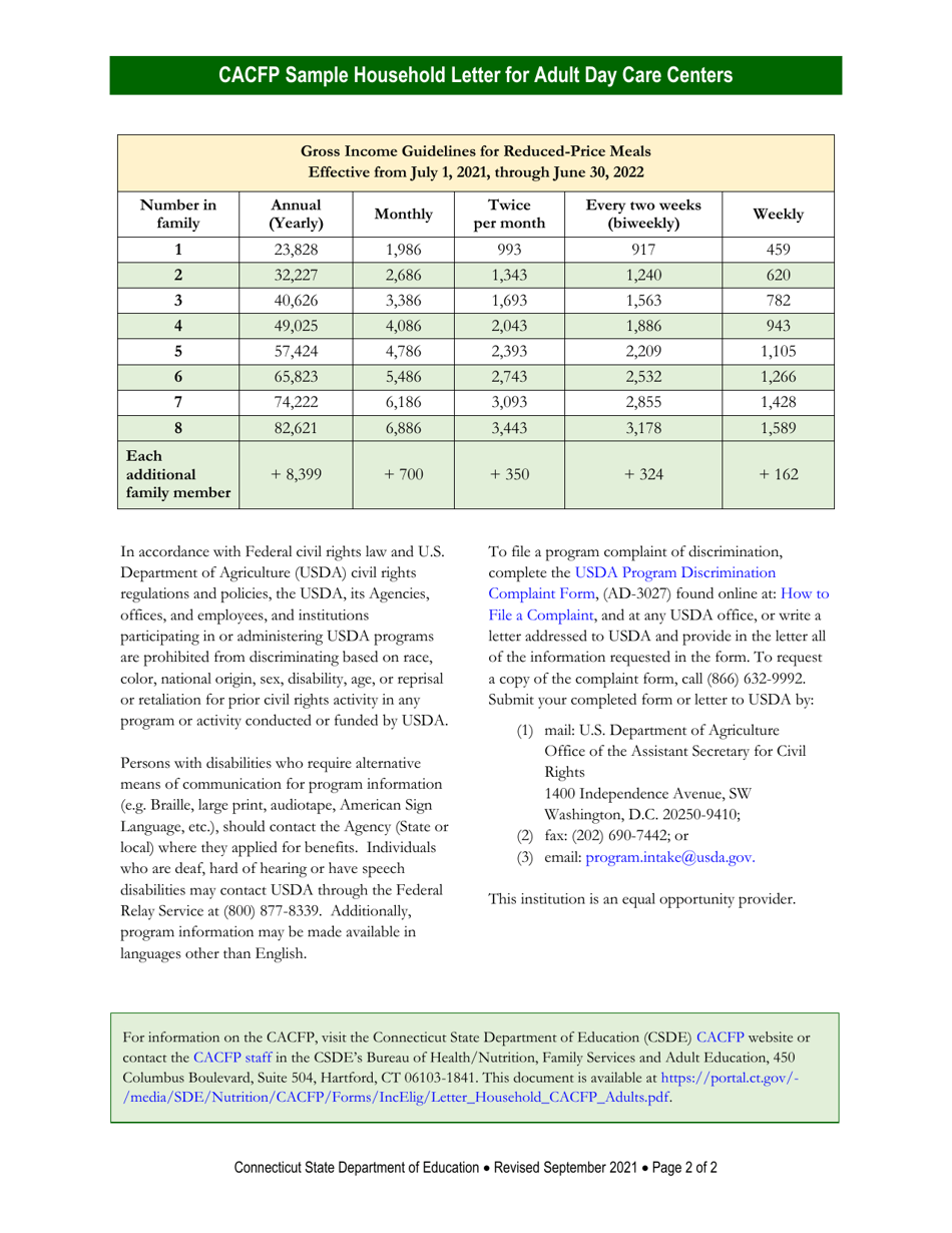 CACFP Sample Household Letter for Adult Day Care Centers - Connecticut, Page 2