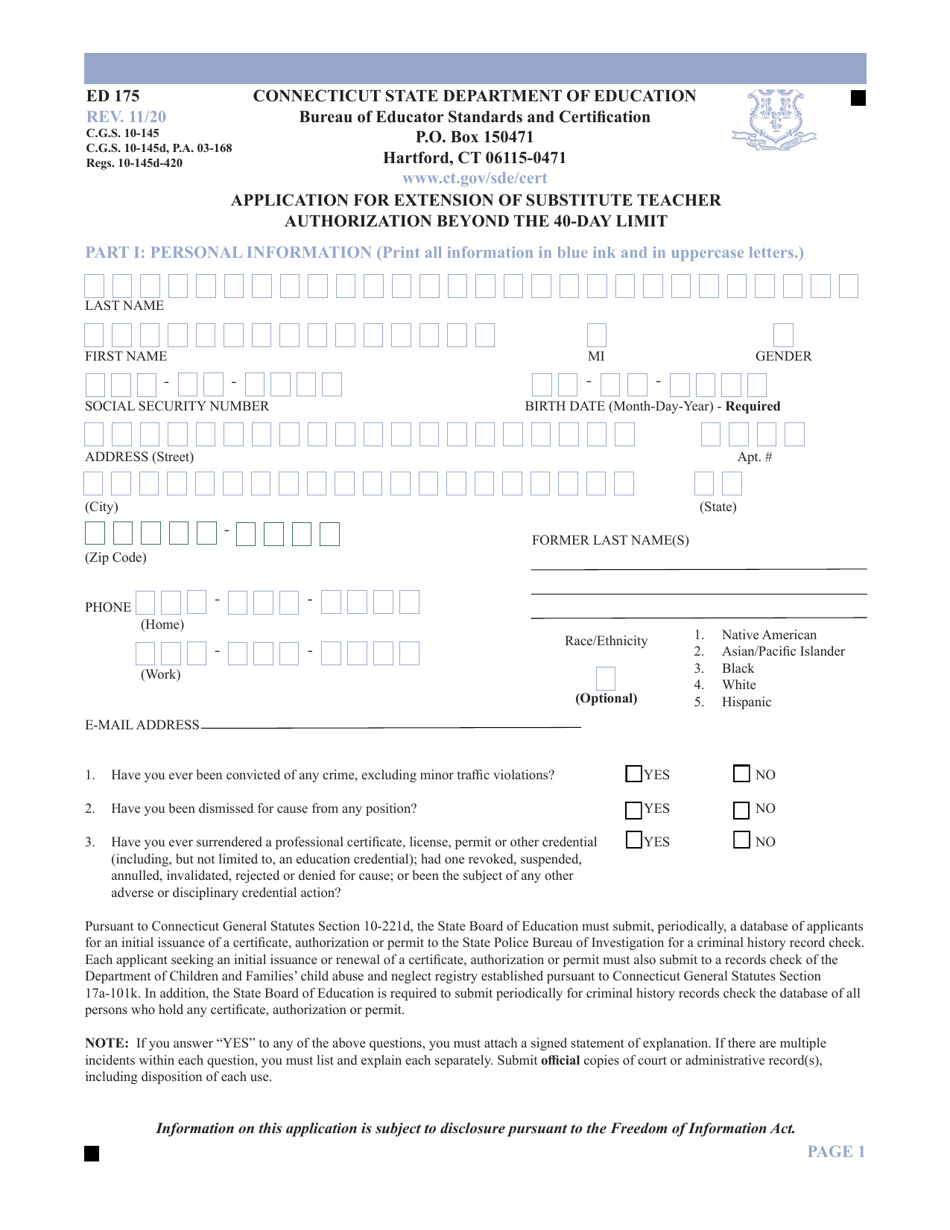 Form ED175 Application for Extension of Substitute Teacher Authorization Beyond the 40-day Limit - Connecticut, Page 1