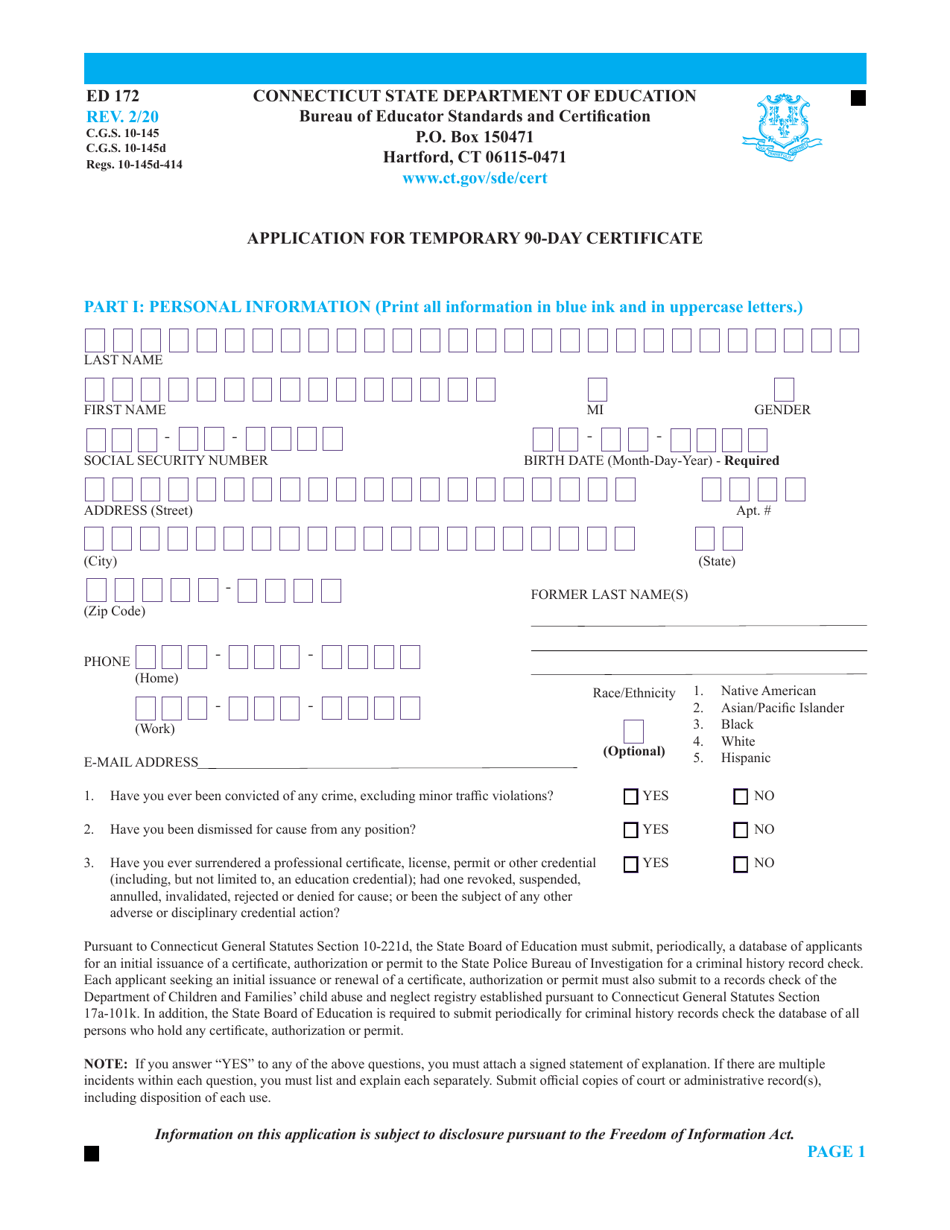 Form ED172 Application for Temporary 90-day Certificate - Connecticut, Page 1