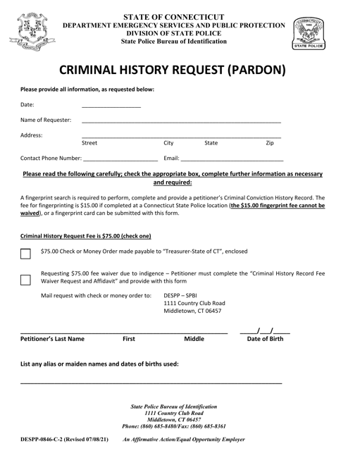 Form DESPP-0846-C-2 Criminal History Request (Pardon) - Connecticut