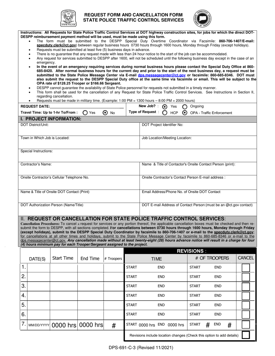 Form DPS-691-C-3 Request Form and Cancellation Form - State Police Traffic Control Services - Connecticut, Page 1
