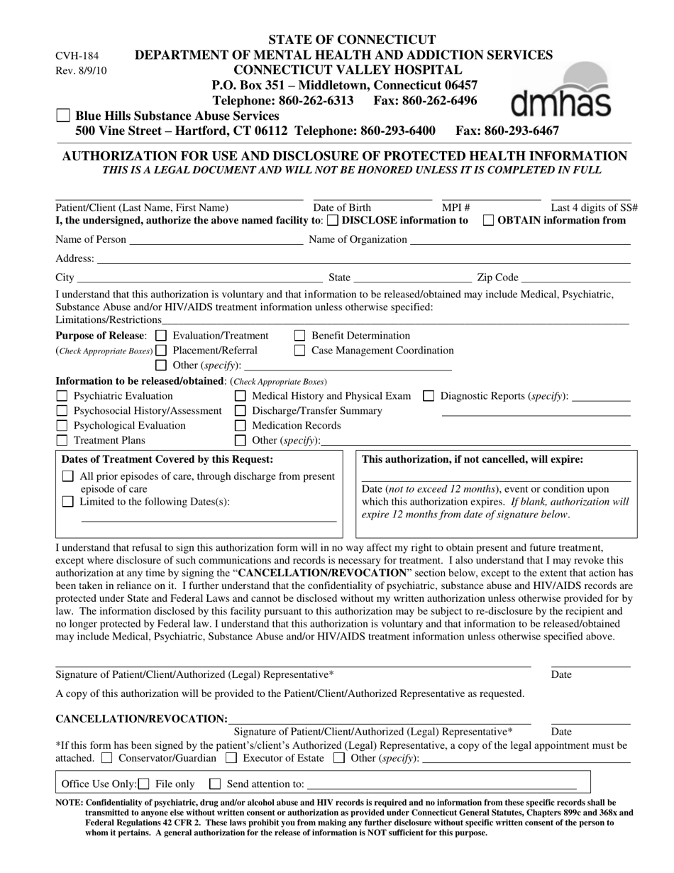 Form CVH-184 Authorization for Use and Disclosure of Protected Health Information - Connecticut (English / Spanish), Page 1