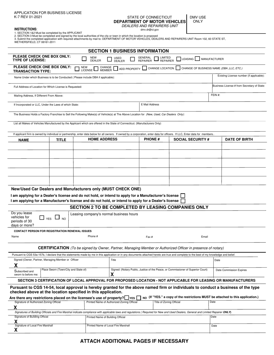 Form K-7 Application for Business License - Connecticut, Page 1