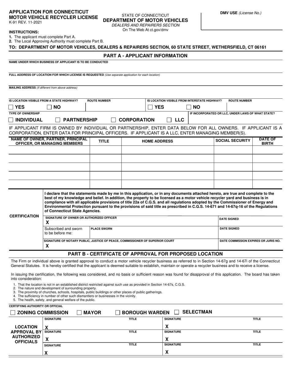 Form K-91 Application for Connecticut Motor Vehicle Recycler License - Connecticut, Page 1