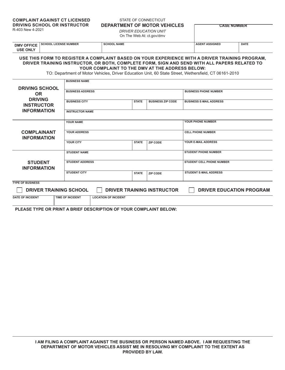 Form R-403 Complaint Against Ct Licensed Driving School or Instructor - Connecticut, Page 1