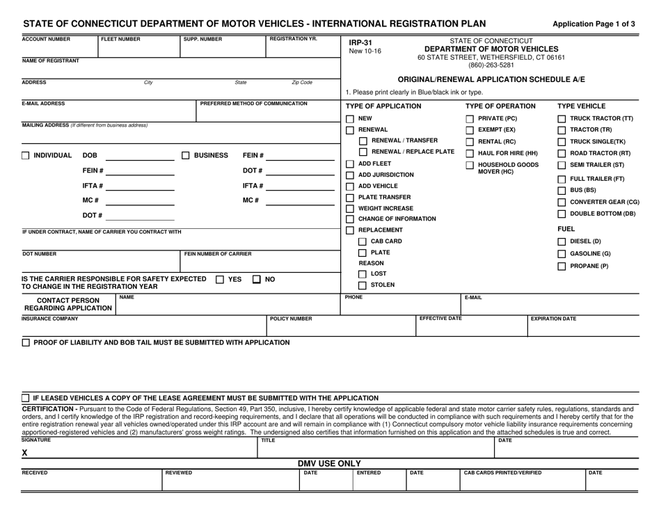 Form IRP-31 Schedule A/E International Registration Plan Application - Connecticut, Page 1