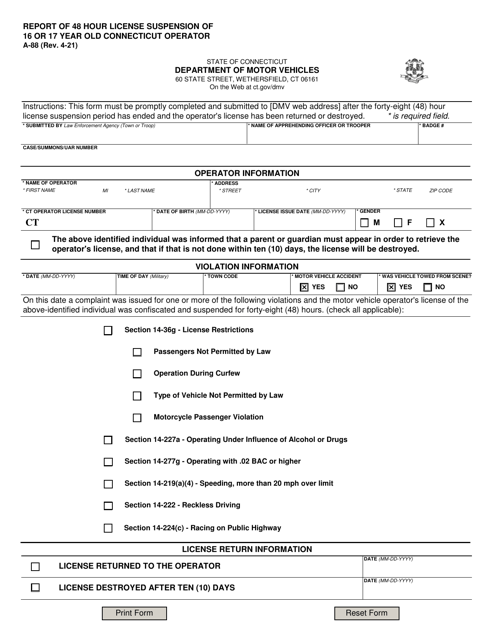 Form A-88 Report of 48 Hour License Suspension of 16 or 17 Year Old Connecticut Operator - Connecticut