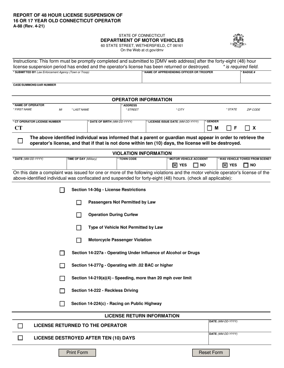 Form A-88 Report of 48 Hour License Suspension of 16 or 17 Year Old Connecticut Operator - Connecticut, Page 1