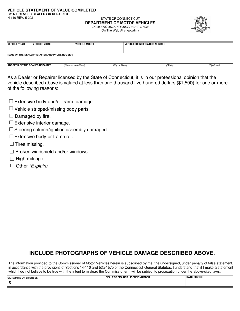 Form H-116 Vehicle Statement of Value Completed by a Licensed Dealer or Repairer - Connecticut, Page 1