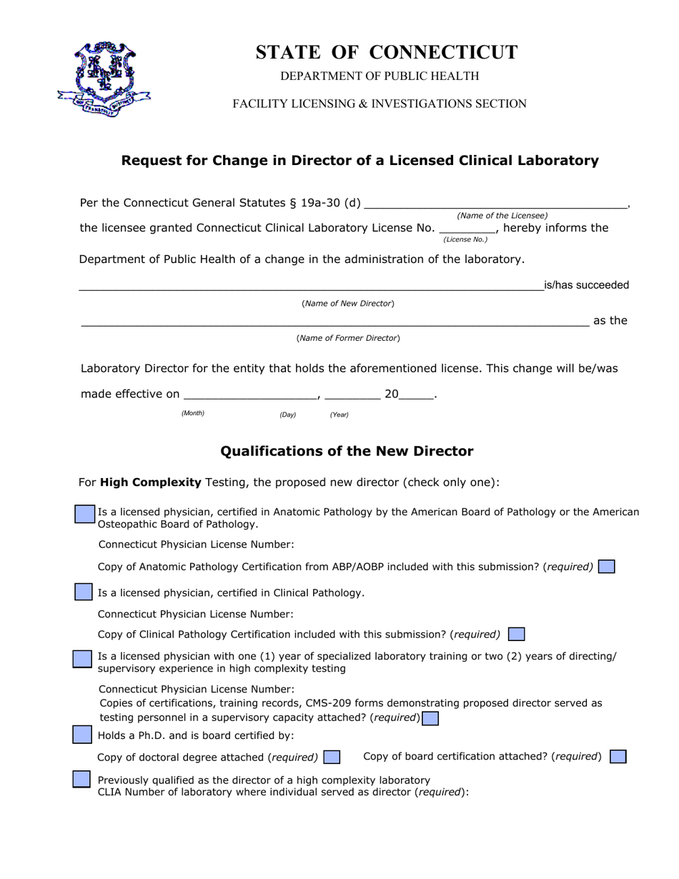 Request for Change in Director of a Licensed Clinical Laboratory - Connecticut, Page 1