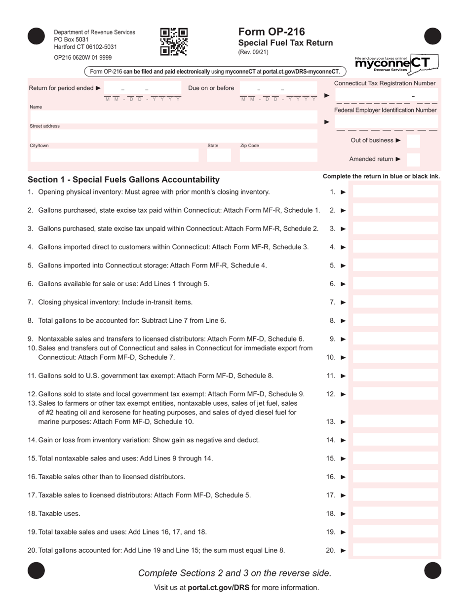 Form OP-216 Special Fuel Tax Return - Connecticut, Page 1