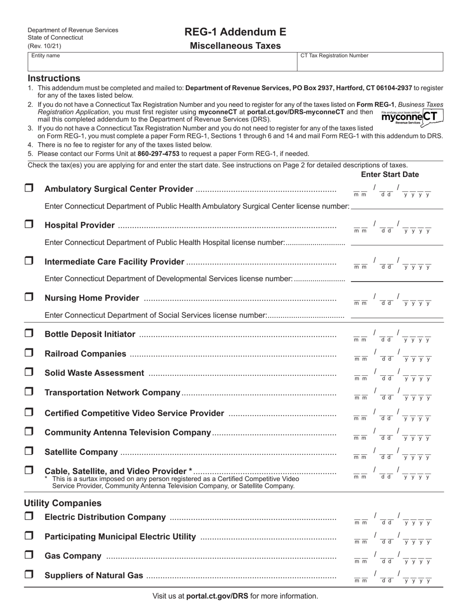 Form REG-1 Addendum E Miscellaneous Taxes - Connecticut, Page 1