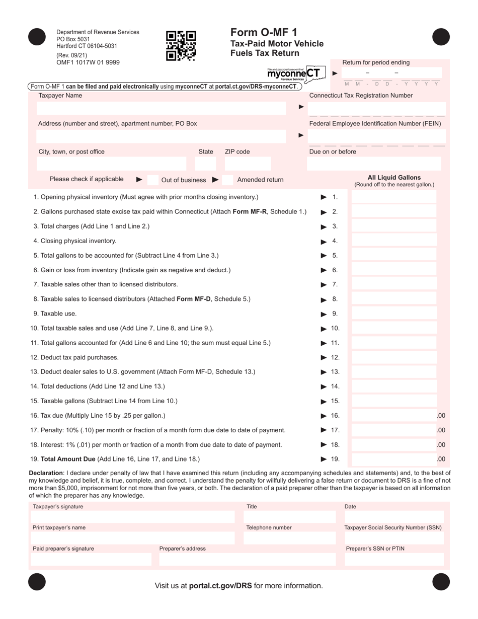 Form O-MF1 Tax-Paid Motor Vehicle Fuels Tax Return - Connecticut, Page 1