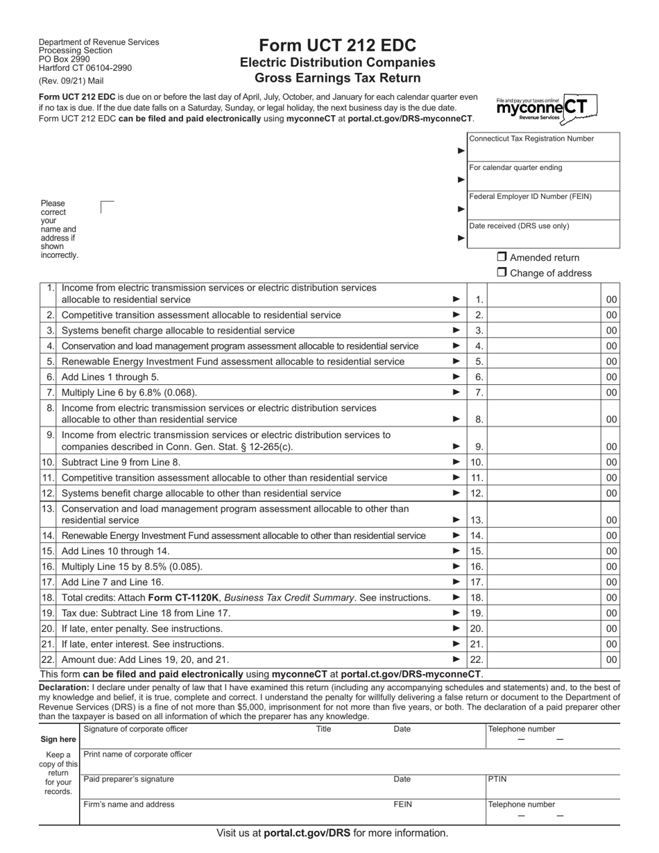 Form UCT-212 EDC Electric Distribution Companies Gross Earnings Tax Return - Connecticut, Page 1