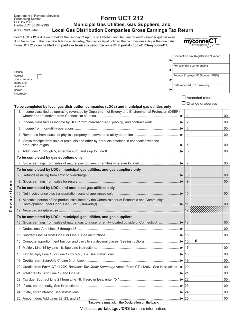 Form UCT-212 Municipal Gas Utilities, Gas Suppliers, and Local Gas Distribution Companies Gross Earnings Tax Return - Connecticut, Page 1